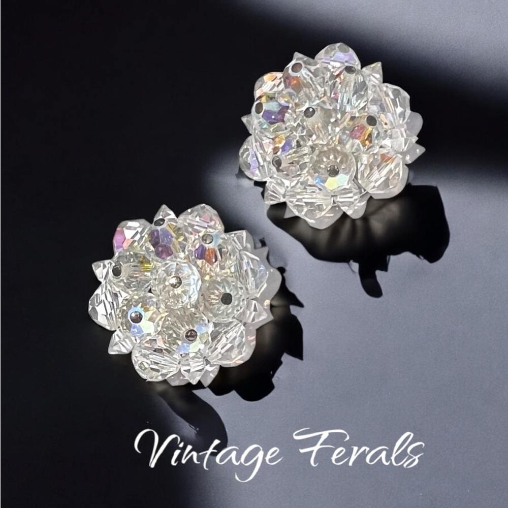 Vintage Laguna Aurora Borealis Crystal Cluster Earrings From 1950's